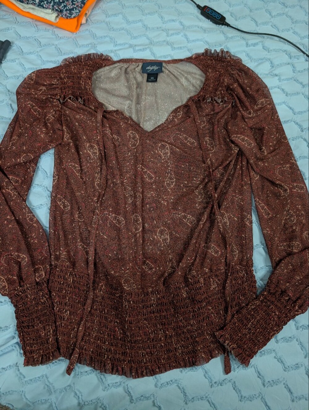 Daytrip Rust Brown Paisley Smocked Waist Long Sleeve Blouse